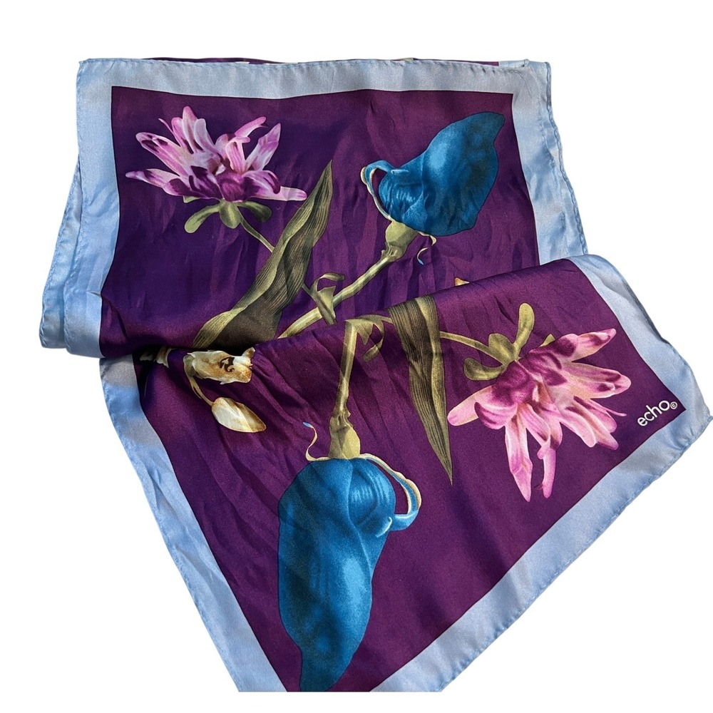 ECHO‎ Silk Deep Purple Floral Scarf 10" x 60"